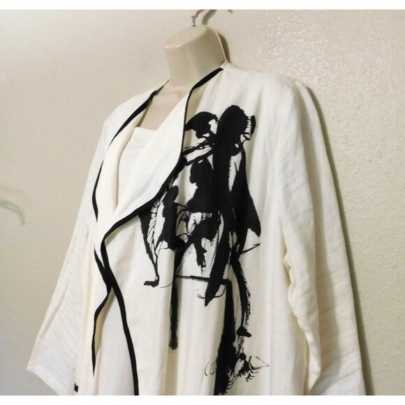 Moonlight Y&S Fashion Jacket 2X White Black Trim 3/4 Slv Abstract Print Linen - Picture 2 of 7